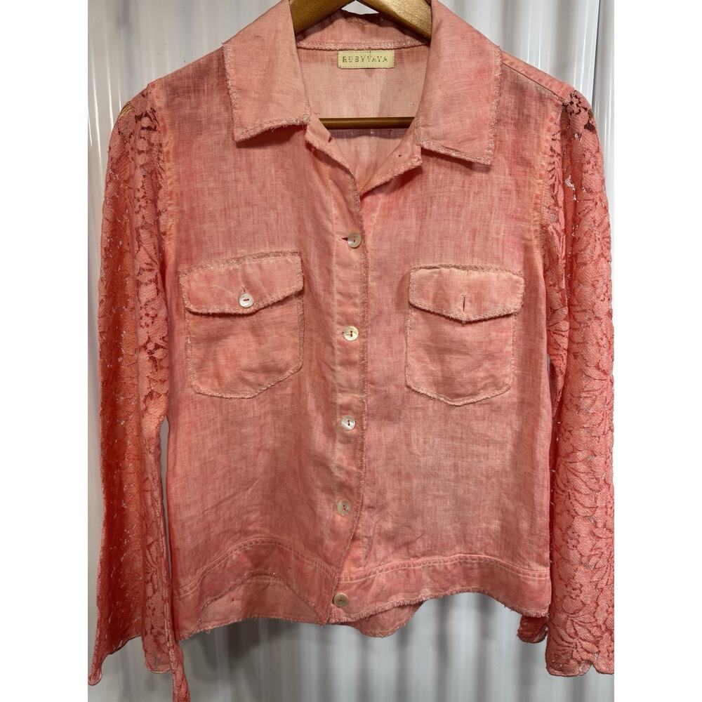 Ruby Yaya Linen Top With Lace Arms And Back In Pastel Peach Women’s Size Medium